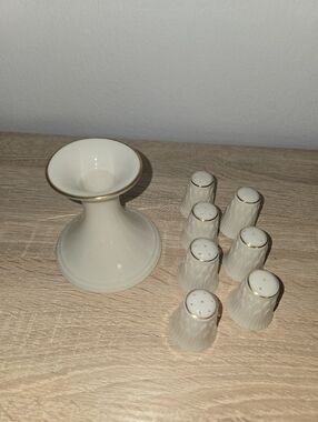 Lenox USA Ivory Salt Pepper Shakers Set + Candle Holder Gold Trim